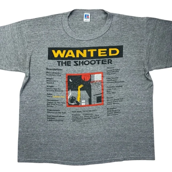 VTG 80s WANTED: The Shooter Basketball Russell Thin Single Stitch t-shirt BOXY L - Picture 2 of 11